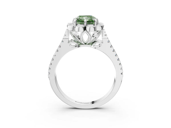 White gold Fancy Green Radiant  Halo Diamond Floral Split Shank Engagement Ring