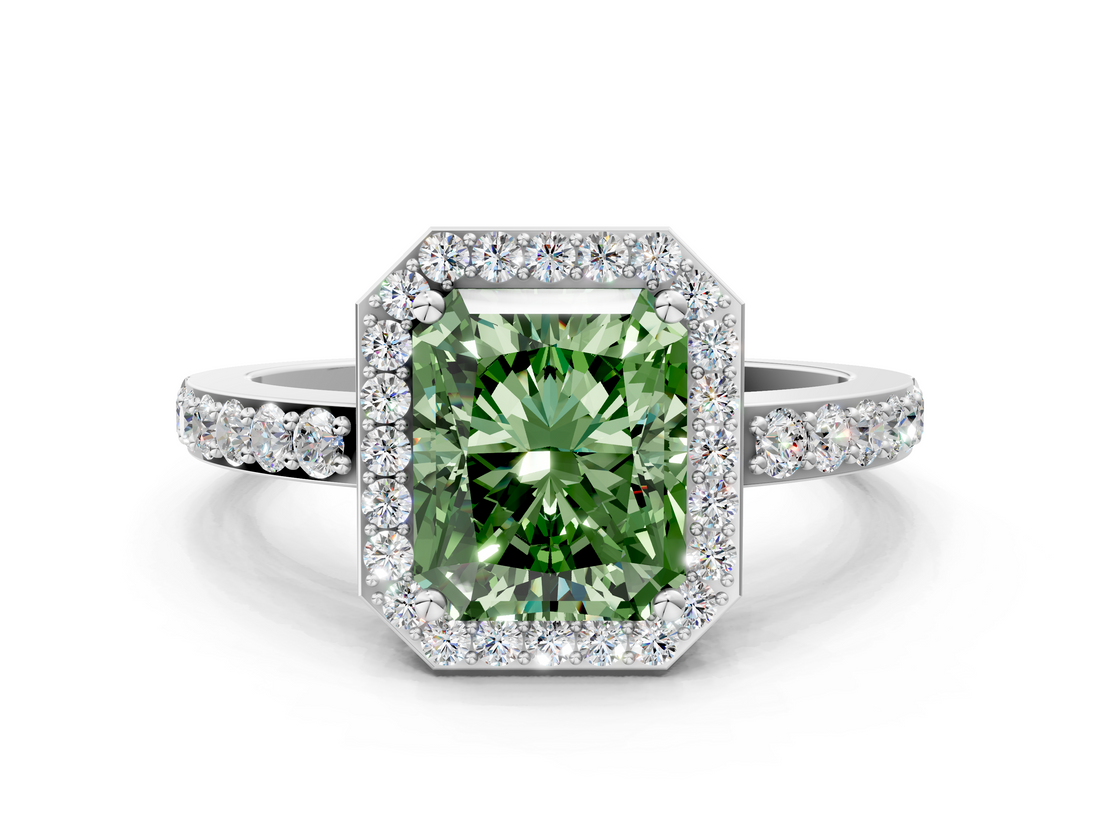 White gold Fancy Green Radiant  Halo Diamond Pavé Band Ring with Prong Setting_20