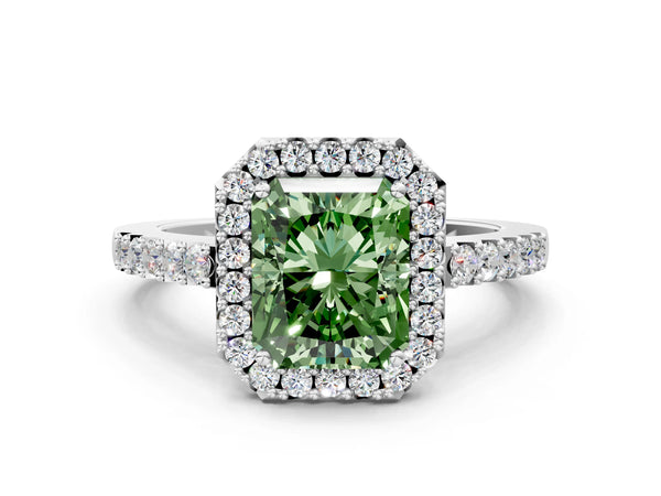 White gold Fancy Green Radiant  Halo Diamond Pavé Solitaire Ring