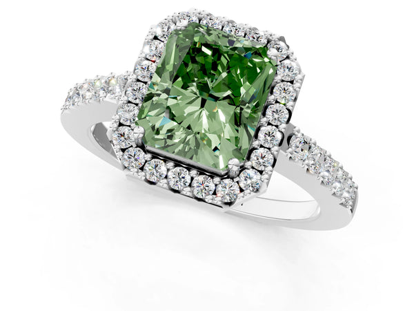 White gold Fancy Green Radiant  Halo Diamond Pavé Solitaire Ring