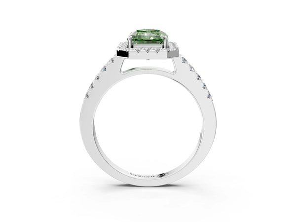 White gold Fancy Green Radiant  Halo Diamond Pavé Solitaire Ring
