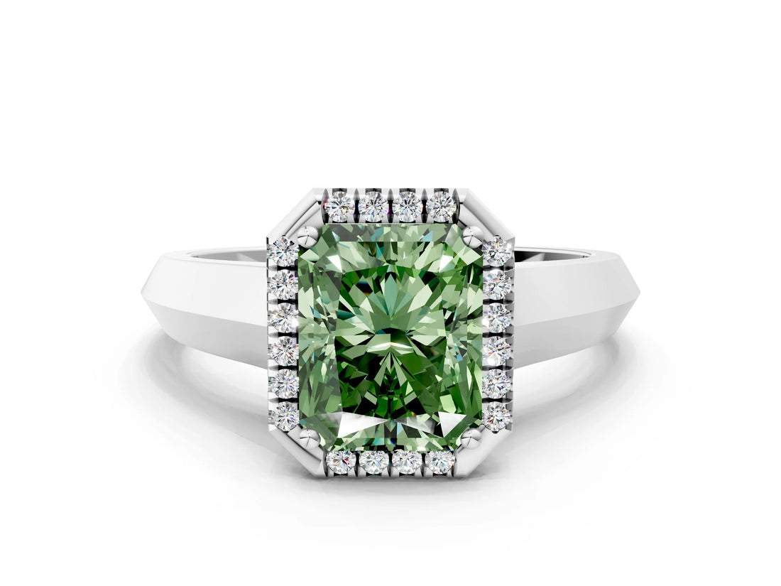 White gold Fancy Green Radiant  Halo Diamond Ring with Cathedral Band and Four-Prong Setting_49