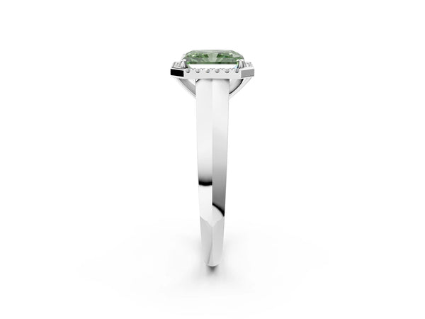 White gold Fancy Green Radiant  Halo Diamond Ring with Cathedral Band and Four-Prong Setting