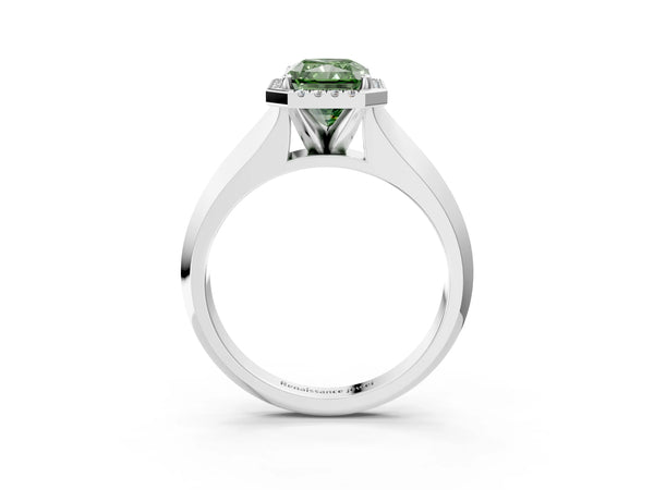 White gold Fancy Green Radiant  Halo Diamond Ring with Cathedral Band and Four-Prong Setting