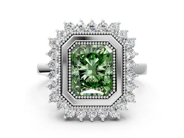 Platinum Fancy Green Radiant  Halo Diamond Ring with Milgrain Edge and Round Prong Setting