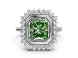 White gold Fancy Green Radiant  Halo Diamond Ring with Milgrain Edge and Round Prong Setting_55