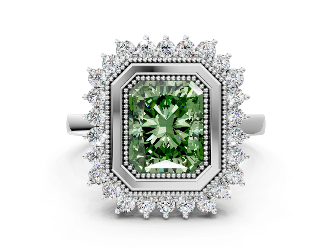 White gold Fancy Green Radiant  Halo Diamond Ring with Milgrain Edge and Round Prong Setting_55