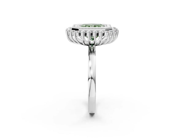 Platinum Fancy Green Radiant  Halo Diamond Ring with Milgrain Edge and Round Prong Setting