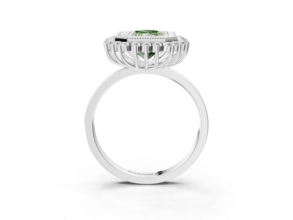 Platinum Fancy Green Radiant  Halo Diamond Ring with Milgrain Edge and Round Prong Setting