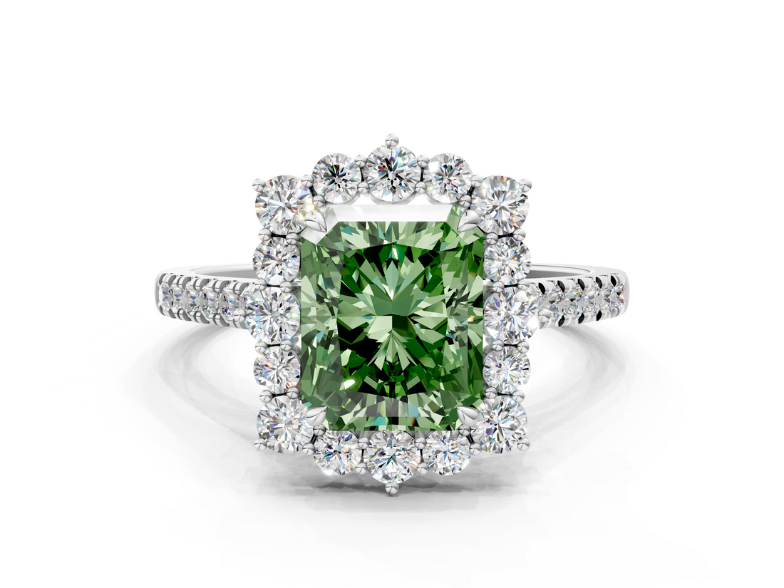 White gold Fancy Green Radiant  Halo Diamond Ring with Pavé Band and Prong Setting_37