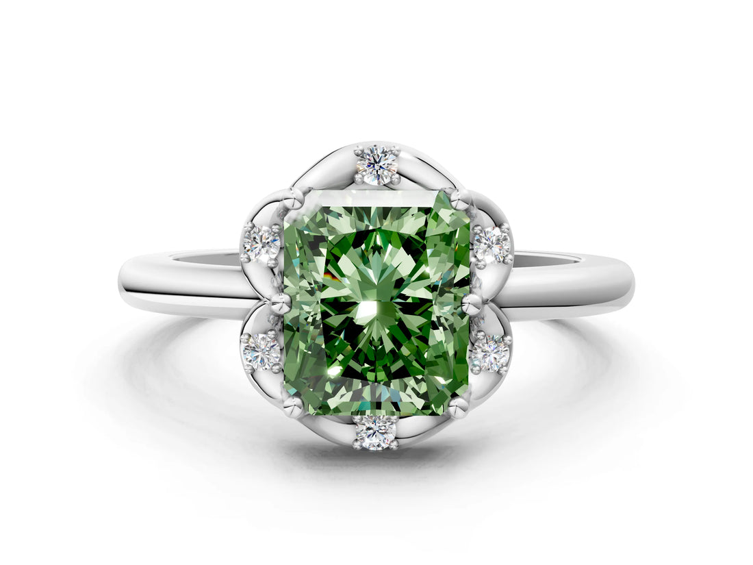 White gold Fancy Green Radiant  Halo Diamond Ring with Round Cluster Setting, Solitaire Band, and Four-Prong Setting_49