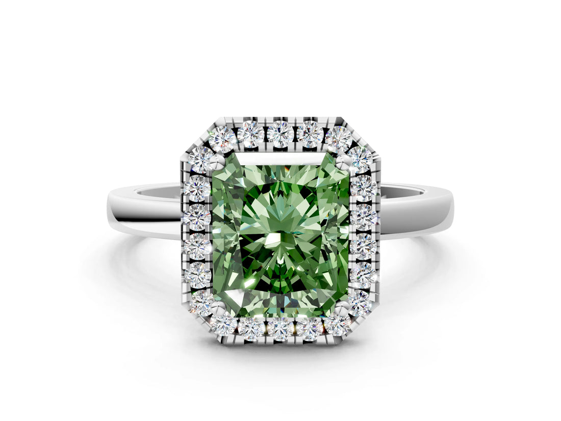 White gold Fancy Green Radiant  Halo Diamond Solitaire with Pavé Band and Four-Prong Setting_103