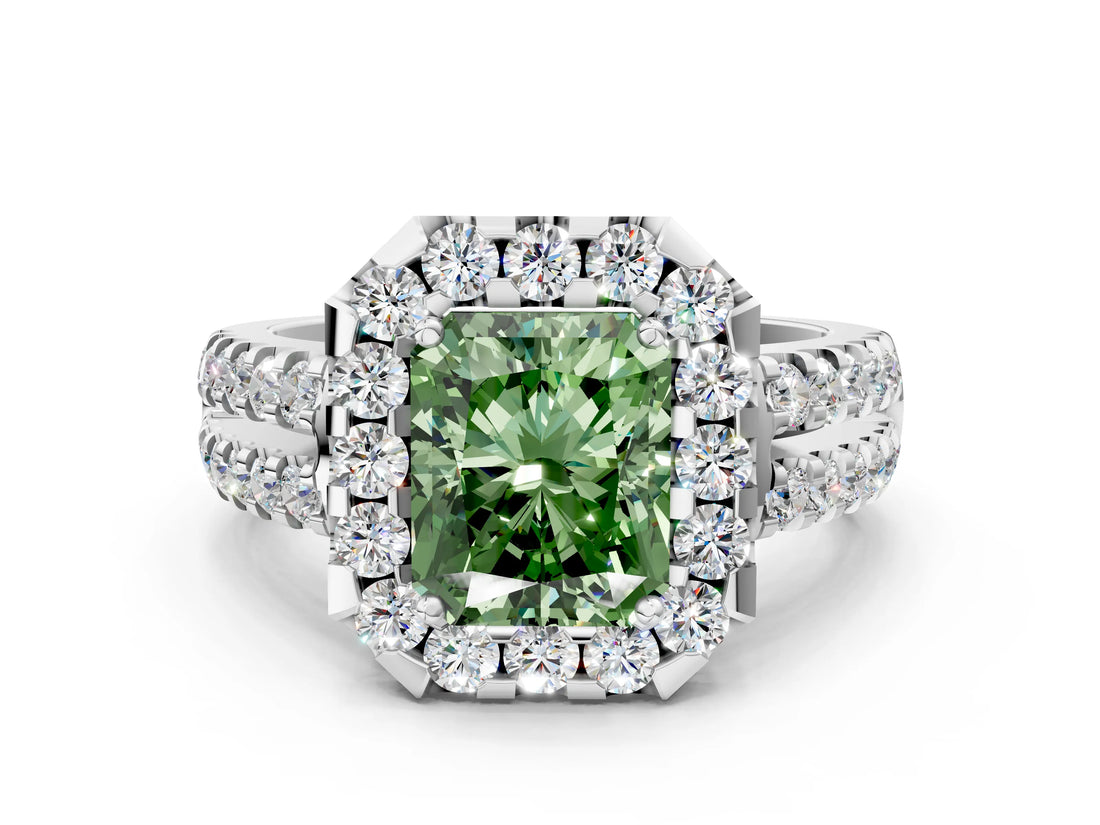 White gold Fancy Green Radiant  Halo Diamond Split Shank Engagement Ring with Prong Setting_39