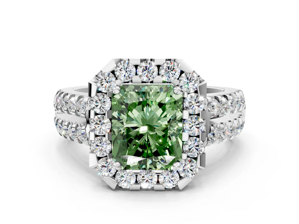 White gold Fancy Green Radiant  Halo Diamond Split Shank Engagement Ring with Prong Setting