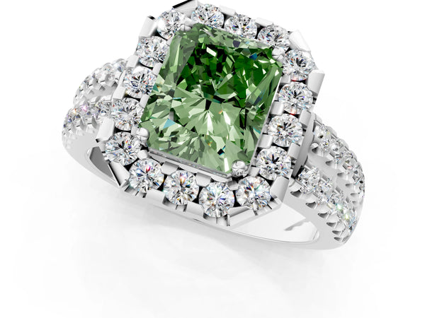 White gold Fancy Green Radiant  Halo Diamond Split Shank Engagement Ring with Prong Setting