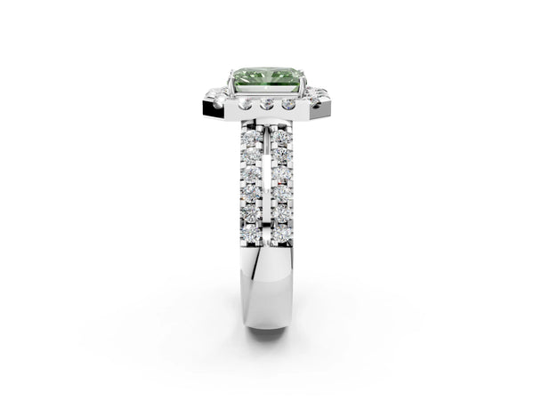 White gold Fancy Green Radiant  Halo Diamond Split Shank Engagement Ring with Prong Setting