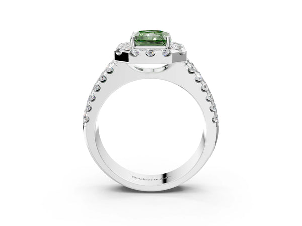 White gold Fancy Green Radiant  Halo Diamond Split Shank Engagement Ring with Prong Setting