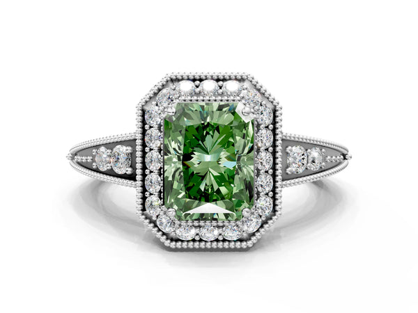 White gold Fancy Green Radiant  Halo Diamond Split Shank Ring with Milgrain Detail