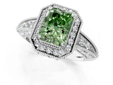 White gold Fancy Green Radiant  Halo Diamond Split Shank Ring with Milgrain Detail_50