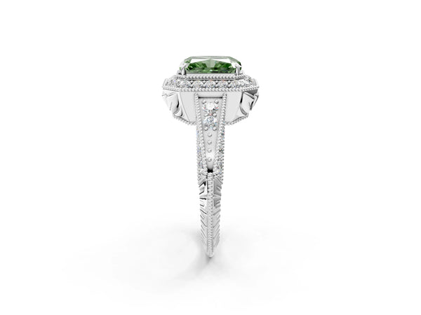 White gold Fancy Green Radiant  Halo Diamond Split Shank Ring with Milgrain Detail