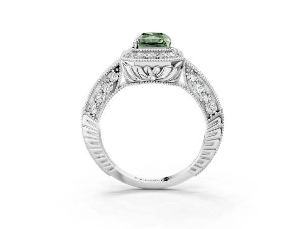 White gold Fancy Green Radiant  Halo Diamond Split Shank Ring with Milgrain Detail