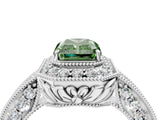 White gold Fancy Green Radiant  Halo Diamond Split Shank Ring with Milgrain Detail_53