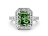 White gold Fancy Green Radiant  Halo Milgrain Solitaire with Bezel Set Side Stones and Pave Band_32
