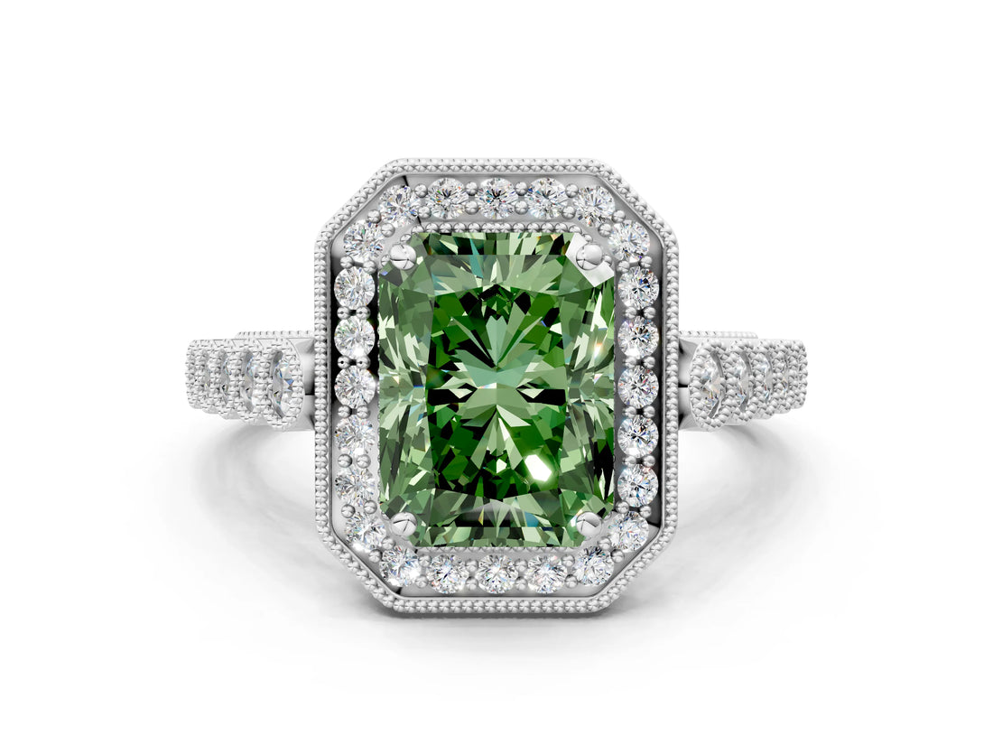 White gold Fancy Green Radiant  Halo Milgrain Solitaire with Bezel Set Side Stones and Pave Band_32
