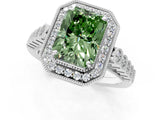 White gold Fancy Green Radiant  Halo Milgrain Solitaire with Bezel Set Side Stones and Pave Band_33
