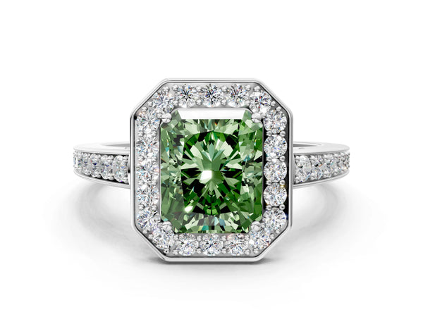 Platinum Fancy Green Radiant  Halo Pavé Diamond Engagement Ring with Bezel Setting