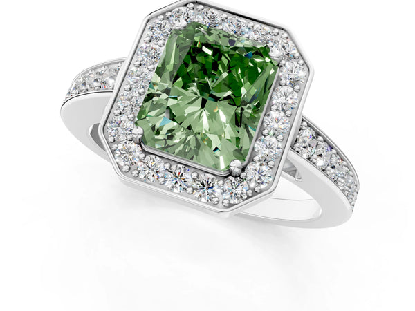 Platinum Fancy Green Radiant  Halo Pavé Diamond Engagement Ring with Bezel Setting