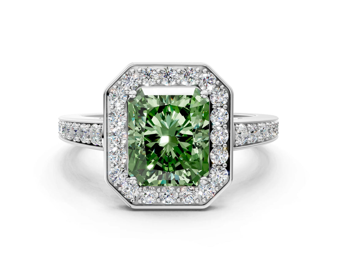 White gold Fancy Green Radiant  Halo Pavé Diamond Engagement Ring with Bezel Setting_49