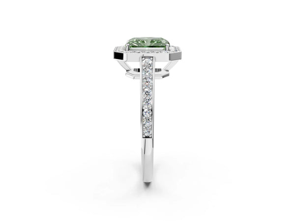 Platinum Fancy Green Radiant  Halo Pavé Diamond Engagement Ring with Bezel Setting