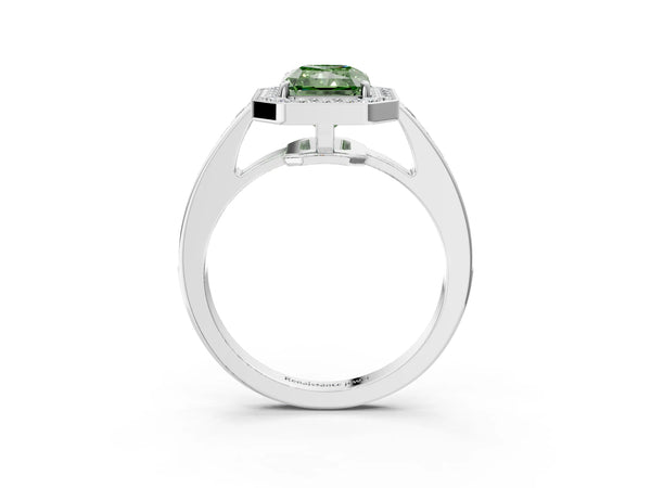 Platinum Fancy Green Radiant  Halo Pavé Diamond Engagement Ring with Bezel Setting