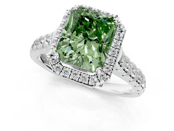 Platinum Fancy Green Radiant  Halo Pavé Diamond Engagement Ring with Four-Prong Setting