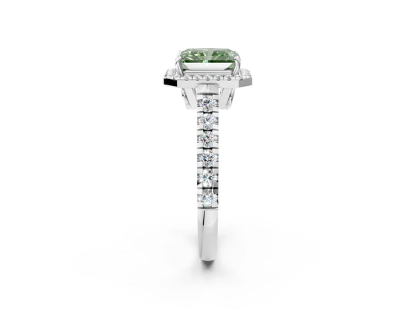 Platinum Fancy Green Radiant  Halo Pavé Diamond Engagement Ring with Four-Prong Setting