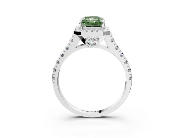 Platinum Fancy Green Radiant  Halo Pavé Diamond Engagement Ring with Four-Prong Setting