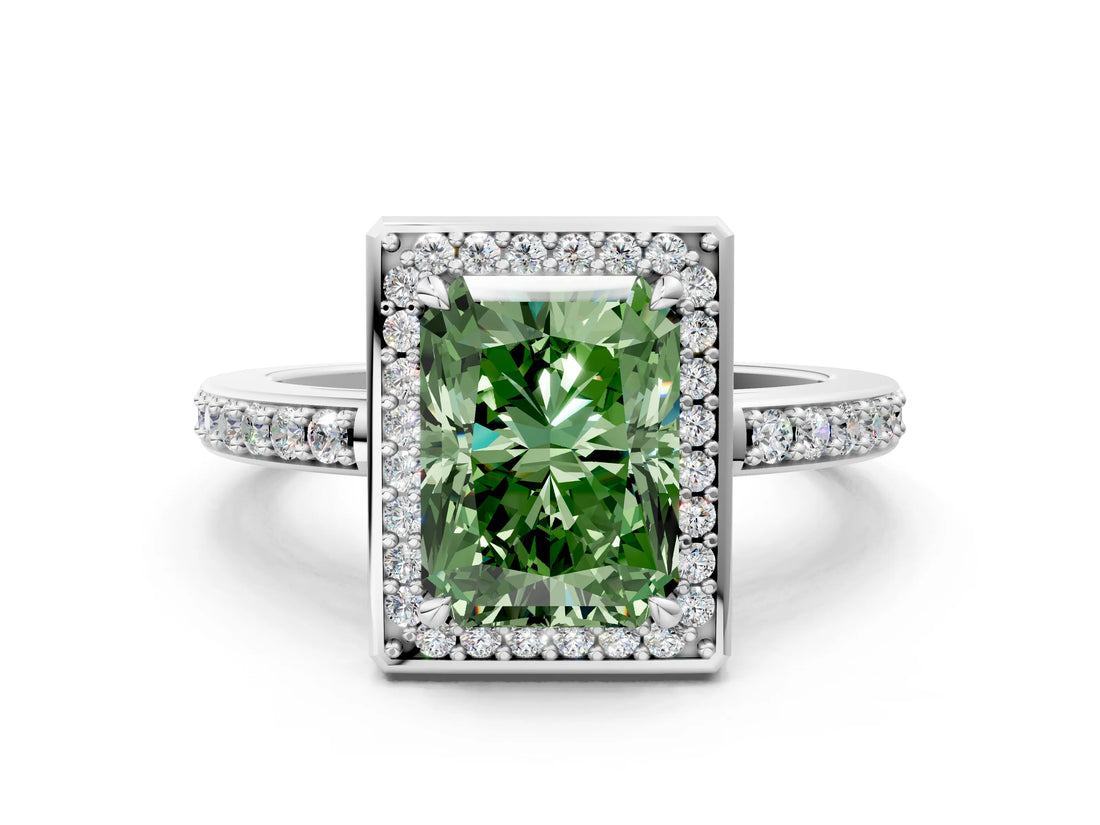 White gold Fancy Green Radiant  Halo Pave Band Solitaire Ring with Prong Setting_66