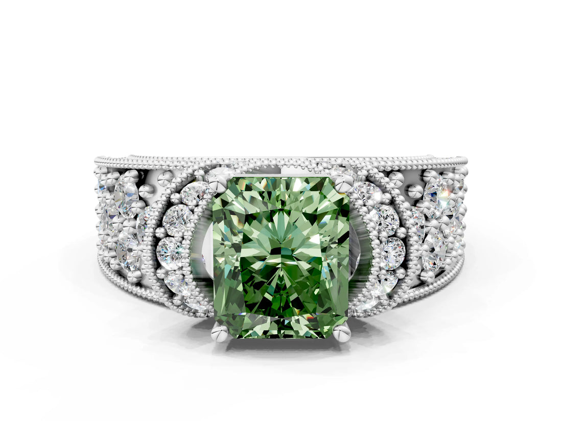 White gold Fancy Green Radiant  Halo Pave Diamond Engagement Ring with Milgrain Detailing_47