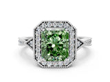 White gold Fancy Green Radiant  Halo Round Diamond Milgrain Pave Engagement Ring_3