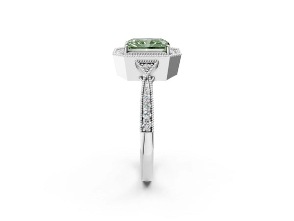 White gold Fancy Green Radiant  Halo Round Diamond Milgrain Pave Engagement Ring