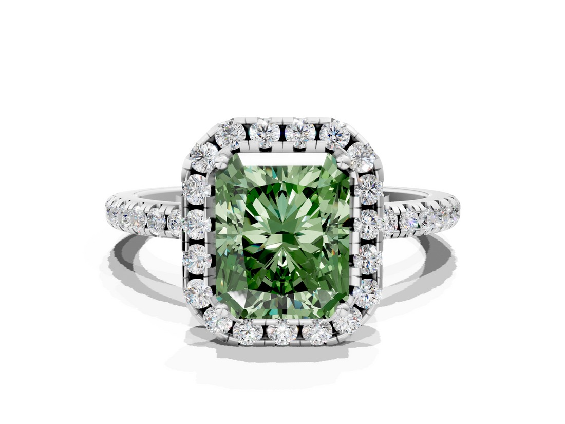 White gold Fancy Green Radiant  Halo Round Diamond Pavé Band Four-Prong Ring_3