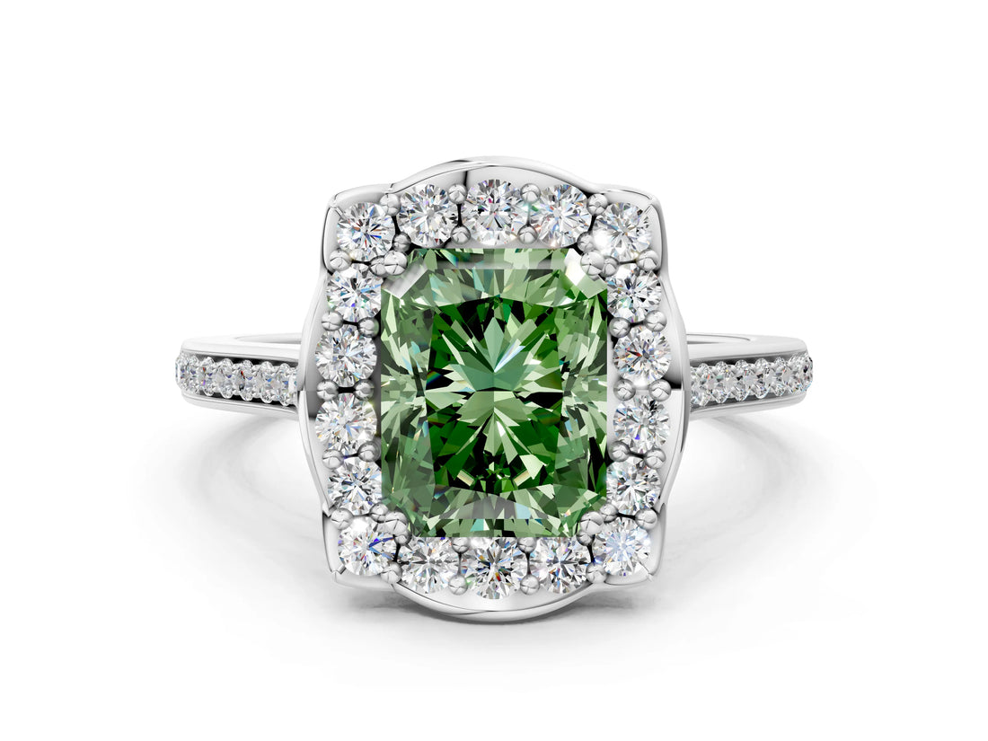 White gold Fancy Green Radiant  Halo Round Diamond Pave Band with Four-Prong Setting_51