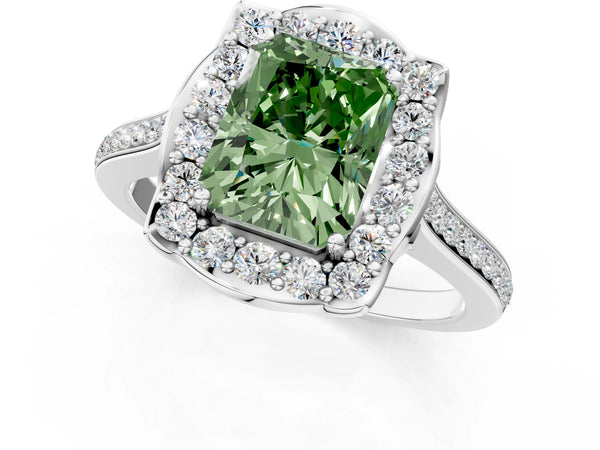 White gold Fancy Green Radiant  Halo Round Diamond Pave Band with Four-Prong Setting