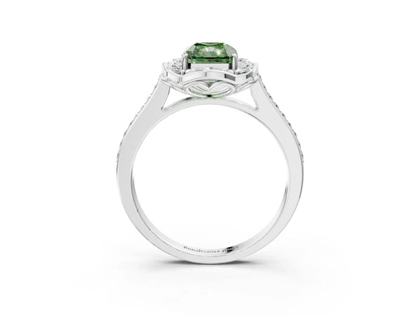 White gold Fancy Green Radiant  Halo Round Diamond Pave Band with Four-Prong Setting