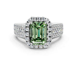 White gold Fancy Green Radiant  Halo Round Diamond Pave Band with Prong Setting
