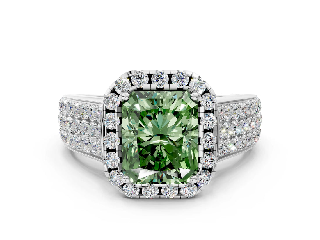 White gold Fancy Green Radiant  Halo Round Diamond Pave Band with Prong Setting_12