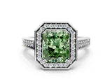 White gold Fancy Green Radiant  Halo Solitaire Diamond Ring with Pave Band and Bezel Setting_49