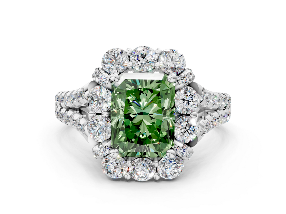 White gold Fancy Green Radiant  Halo Split Shank Diamond Engagement Ring with Pave Band and Four-Prong Setting_70