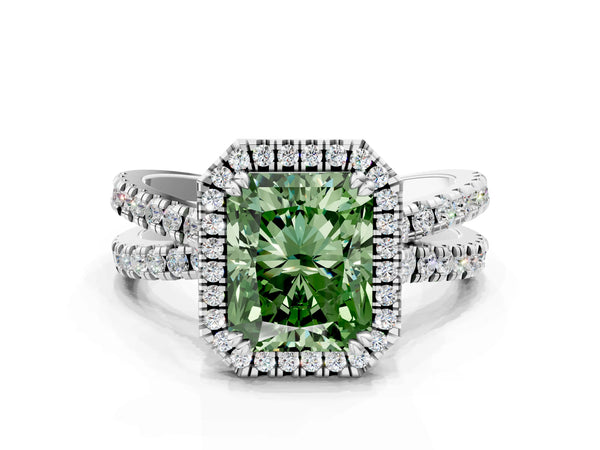 Platinum Fancy Green Radiant  Halo Split Shank Diamond Ring with Pavé Setting